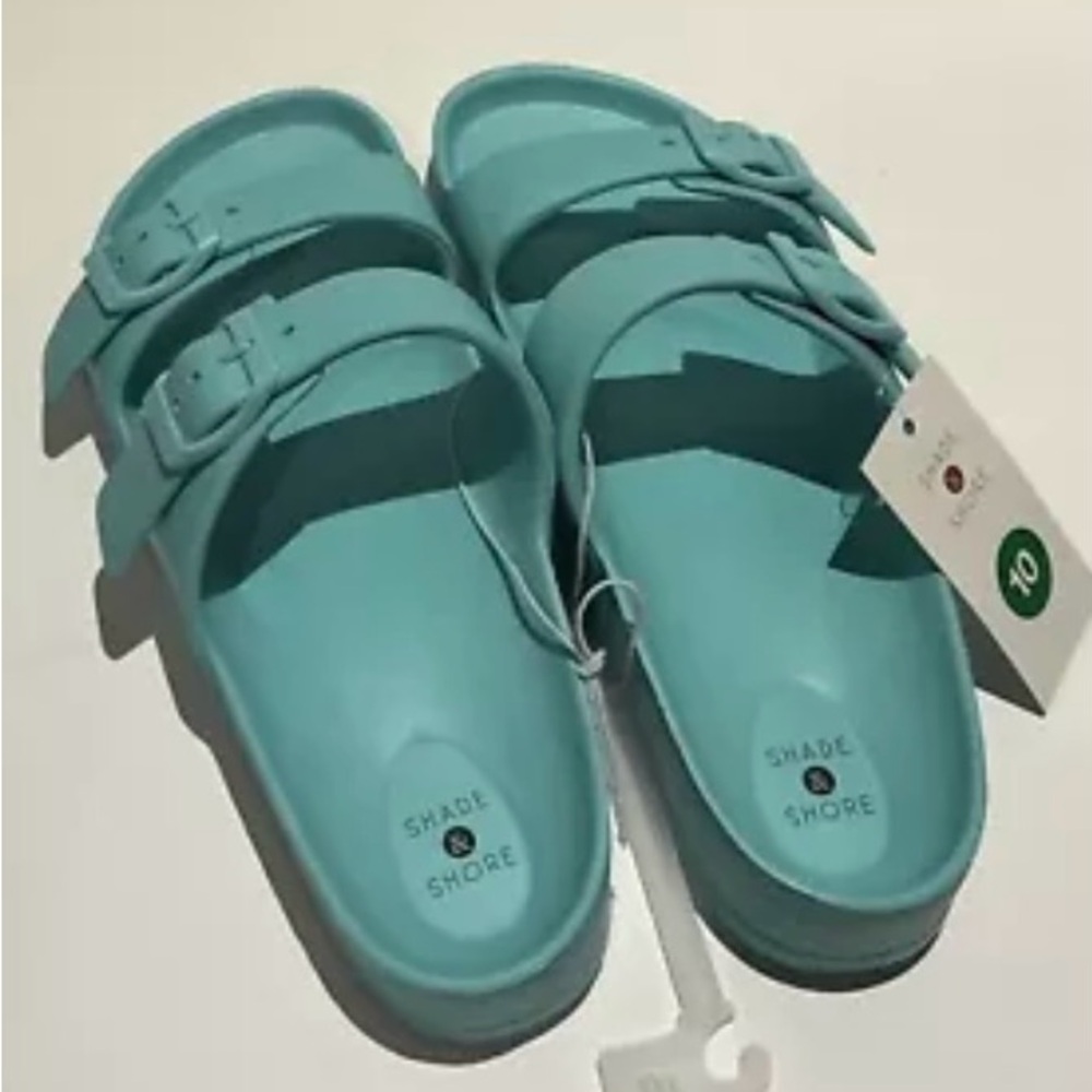 Shade & Shore Sandals Slides Size 10 Teal Two Band Straps Footbed